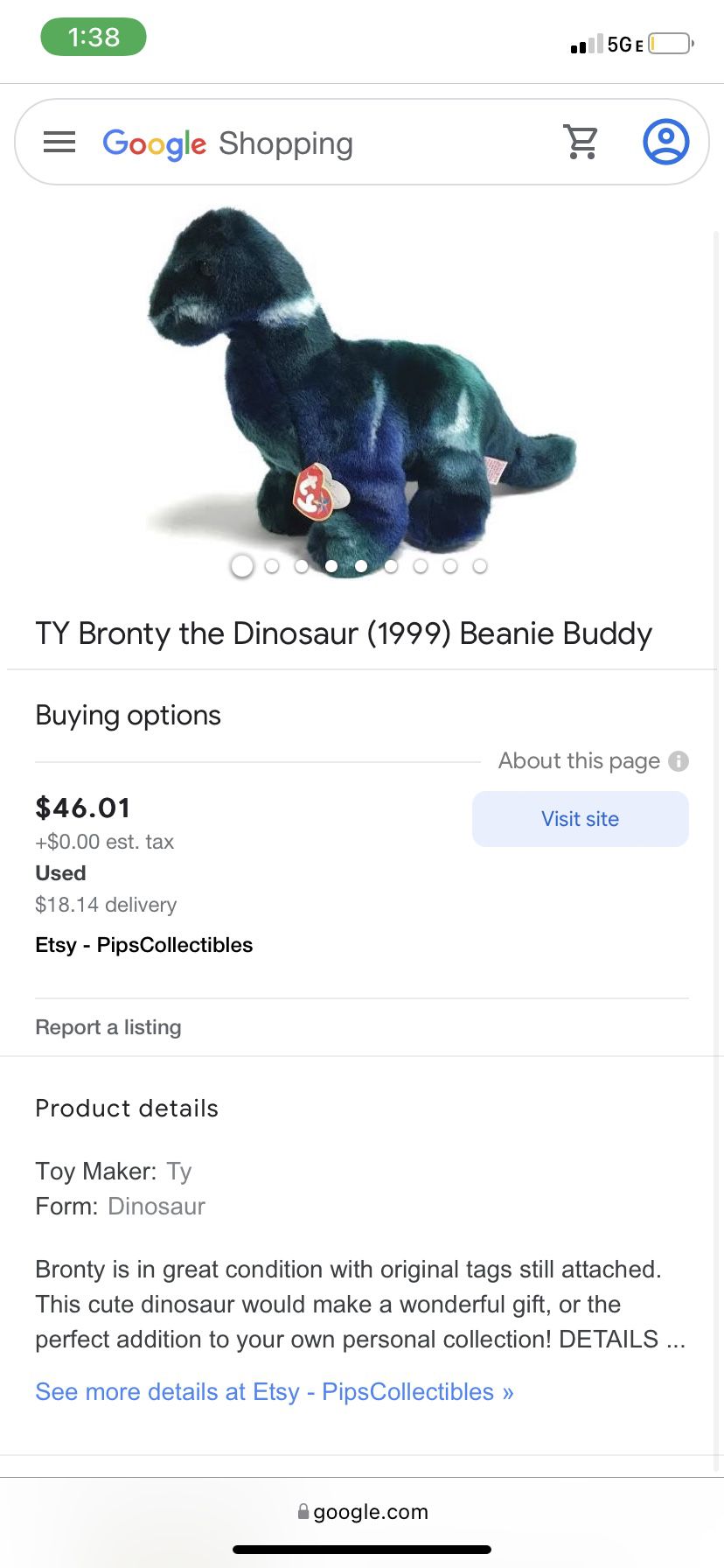 Ty Bronty The Brontosaurus Beanie Baby No Tag 1999