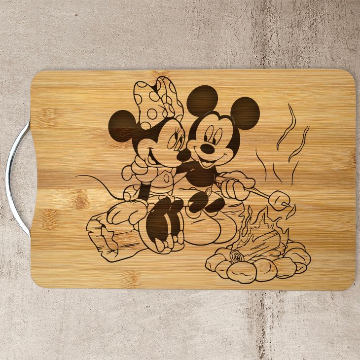 Mickey and Minnie Campfire Laser Engraved Cutting Board