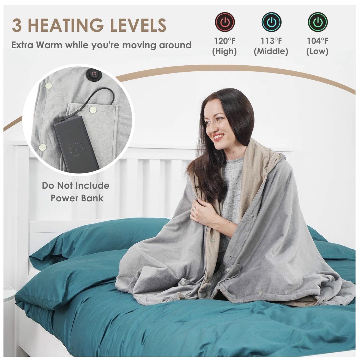 Wearable Electric Blanket, Portable Poncho Wrap, Cordless Rechargeable Heated Shawl Blanket, Super Soft & Warm Fleece, Home Office & Travel Use, Machi