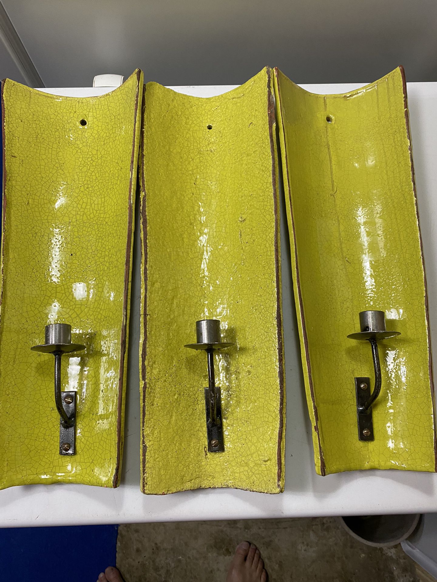 Amazing set of (3) wall hanging ceramic glazed candle holders. Avocado/lime color.