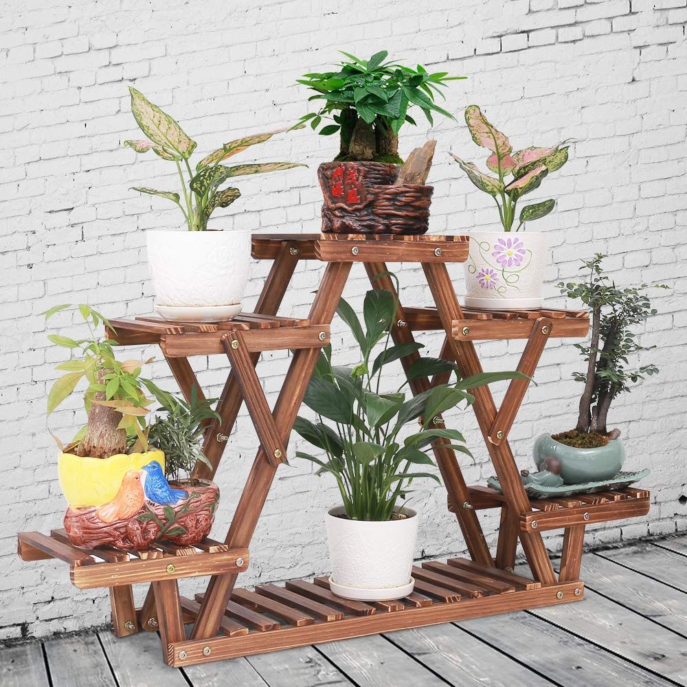 Pine Wood Plant Stand Indoor Outdoor Carbonized Triangle 6 Tiered Corner Plant Rack Shelf Holder for Balcony Garden Flower Pot Storage Organizer (Upgr