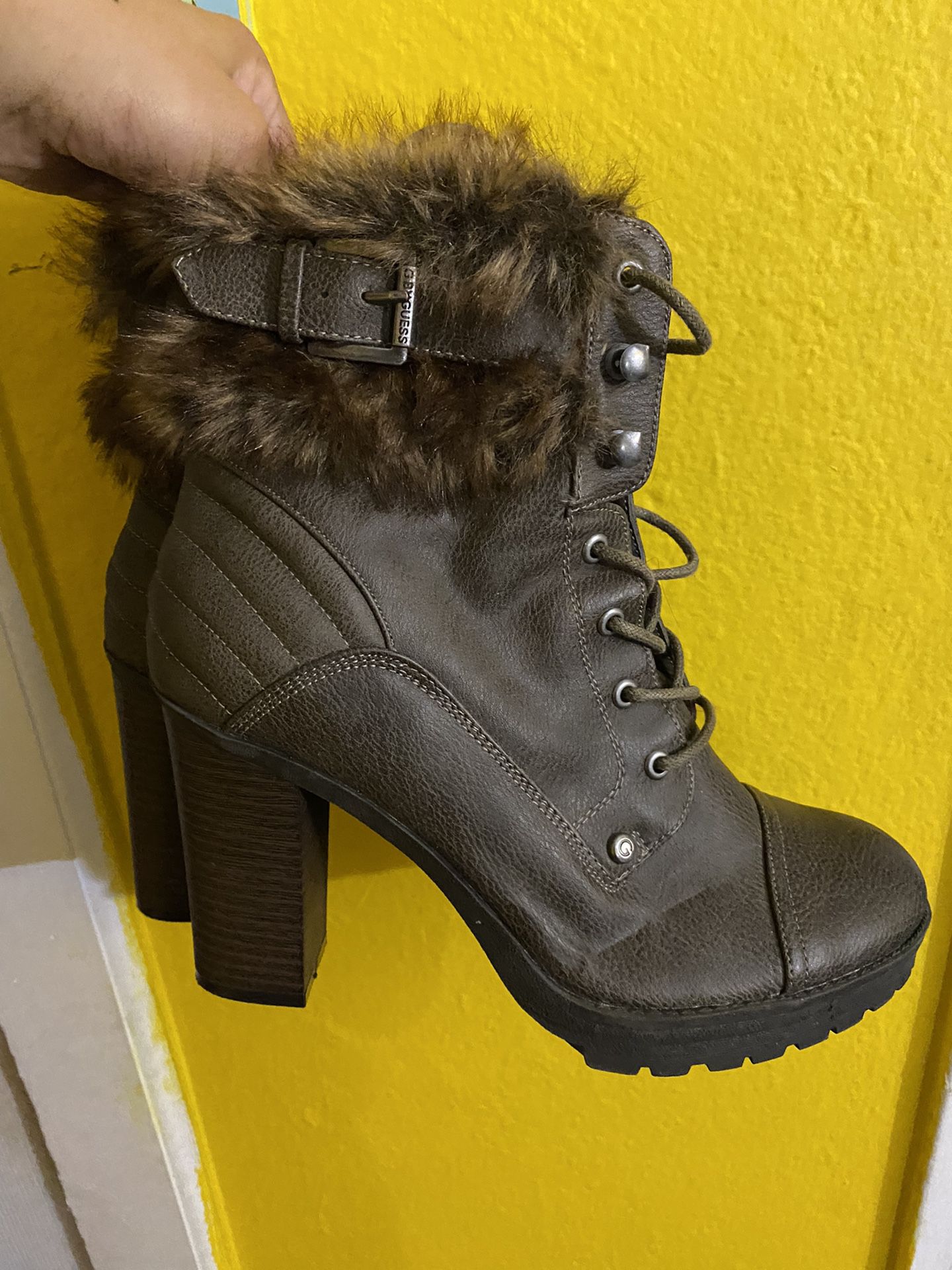 Guess Dark Brown Leather Combat Heeled Boots