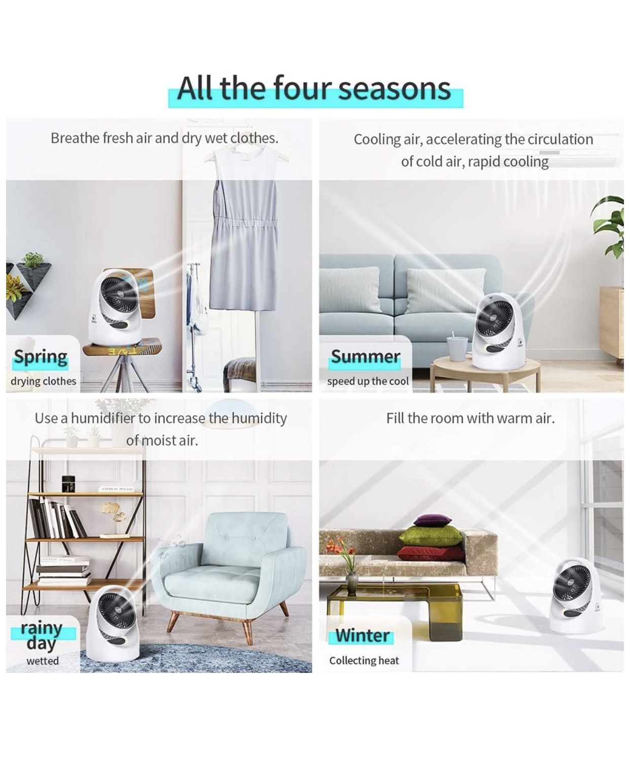 Air Circulator Fan Energy Smart Table Fan Whole Room Oscillating Cordless Fan with LED Light 4 Speeds USB Power Quiet Portable Desk Fan for Home Offic