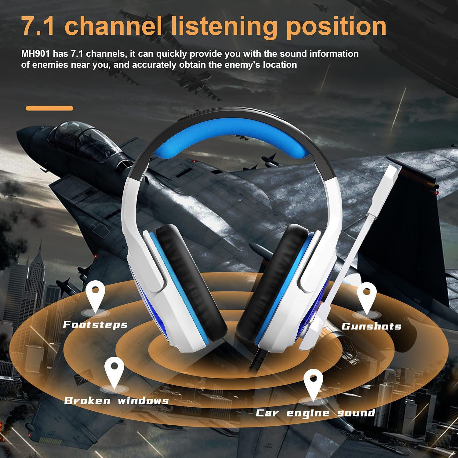 USB Gaming Headset Virtual 7.1 Surround Sound Headphones with Microphone, Soft Earmuffs Surround Sound for PC Computers, Mac, Laptop, Desktop, (Blue W