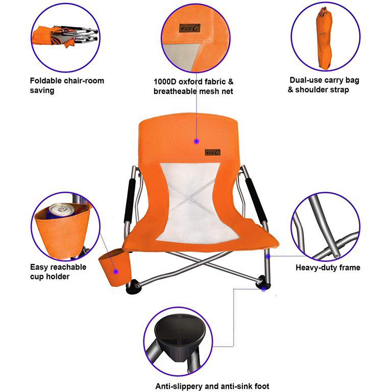 Nice C Low Beach Camping Folding Chair, Ultralight Backpacking Chair with Cup Holder & Carry Bag Compact & Heavy Duty Outdoor, Camping, BBQ, Beach, Tr