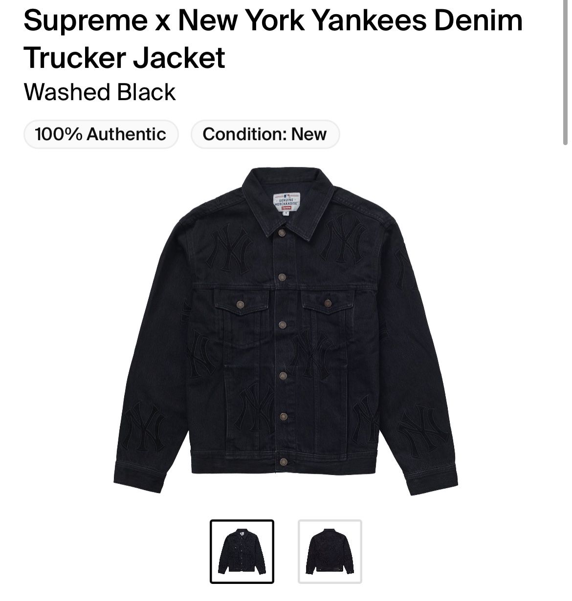 Supreme Black NY Yankee Denim Trucker Jacket - Size Medium