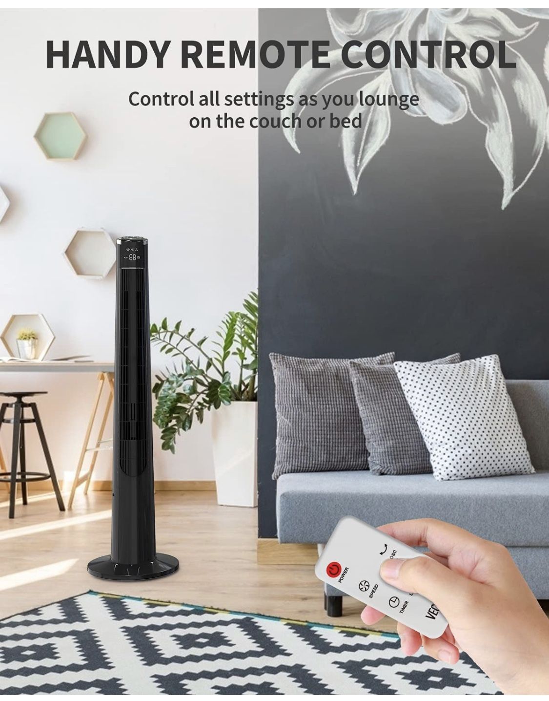 Tower Fan for Bedroom- 48'' Oscillating Fan with Remote, Cooling, Quiet, Large LED Display, 12-Hour Timer, Electric Black Standing Bladeless Fan for W