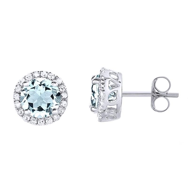 14K White Gold Round Cut Aquamarine & 1/8 Ct Natural Diamond Stud Earrings