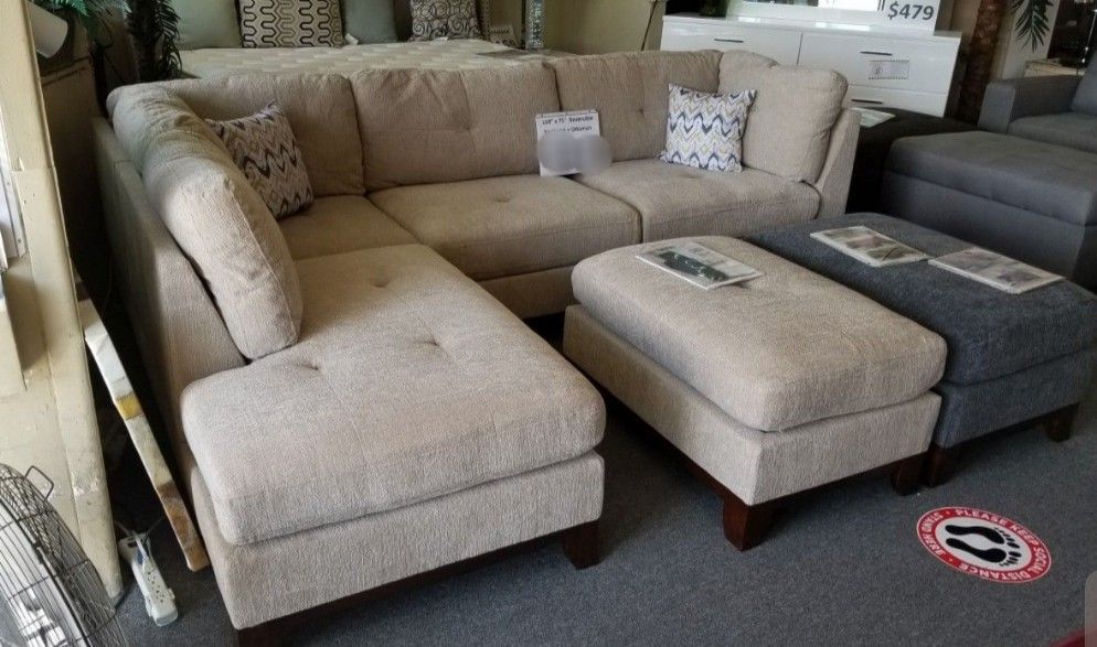 Brand New Camel Color Chenille Sectional Sofa Couch + Ottoman