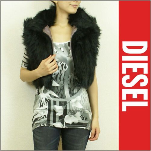 Diesel Black Faux Fur Cropped Vest Top Zip Front Sleeveless Topper, Size S 