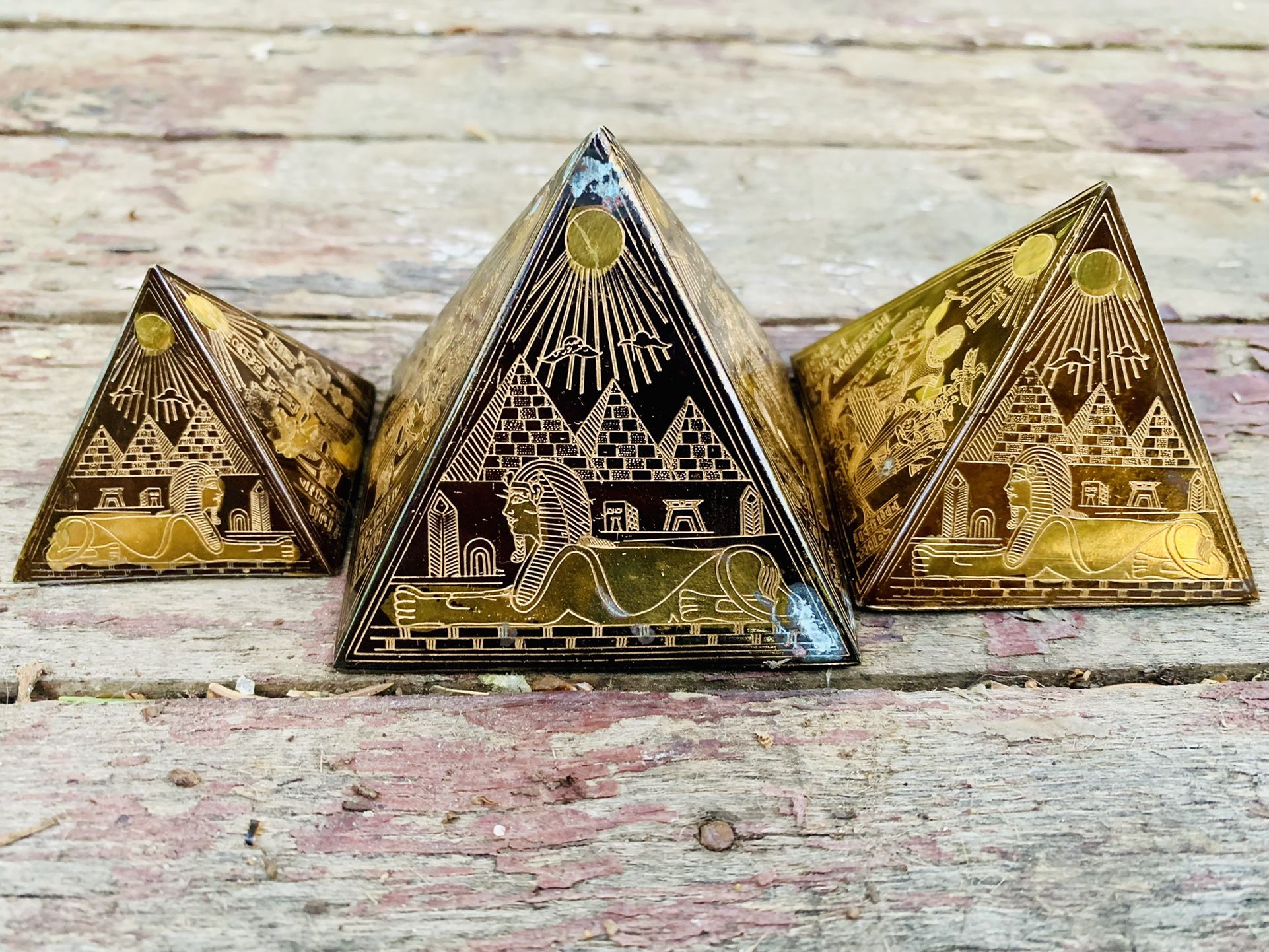 Egyptian Revival Brass Etched Pyramid Paperweights And Urn