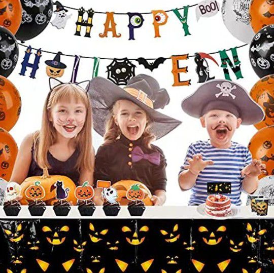 NEW Halloween Party Supplies Set- Serve 20 - Halloween Decorations For Adults And Kids, Include Halloween Plates Cups Napkins Straws Tablecloth Banner