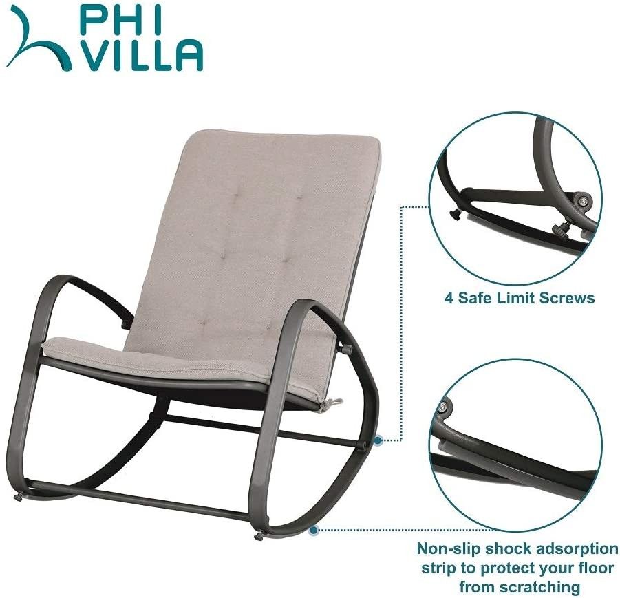 Outdoor Patio Metal, Padded Modern Rocker with Cushion, Support 300lbs for Porch, Deck, Balcony or Indoor Use - Black