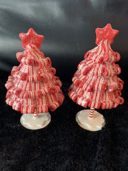 Holiday Decor Set of 2 Red & White Sparkling Glitter Table Top Christmas Tree Decor Thumbnail