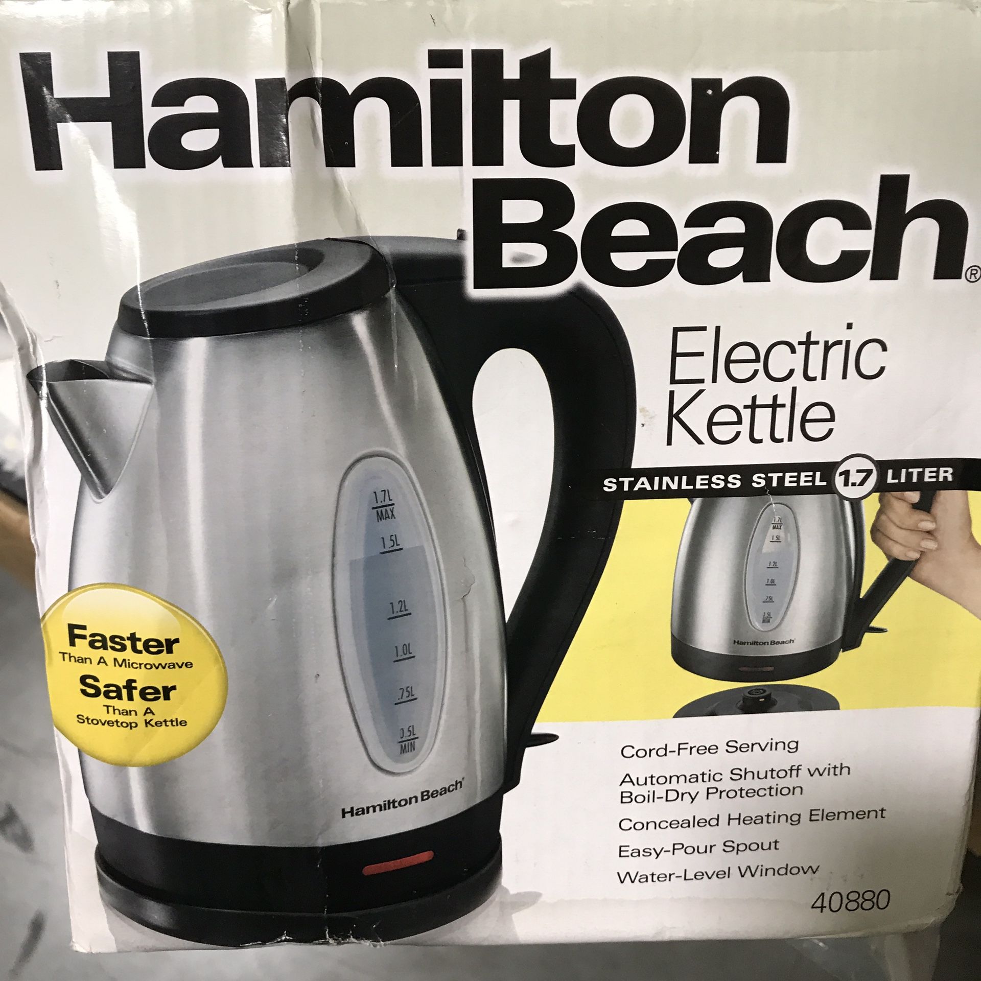 Hamilton Beach Electric Tea Kettle, Water Boiler & Heater, 1.7 L, Cordless, Auto-Shutoff and Boil-Dry Protection, Stainless Steel (40880)