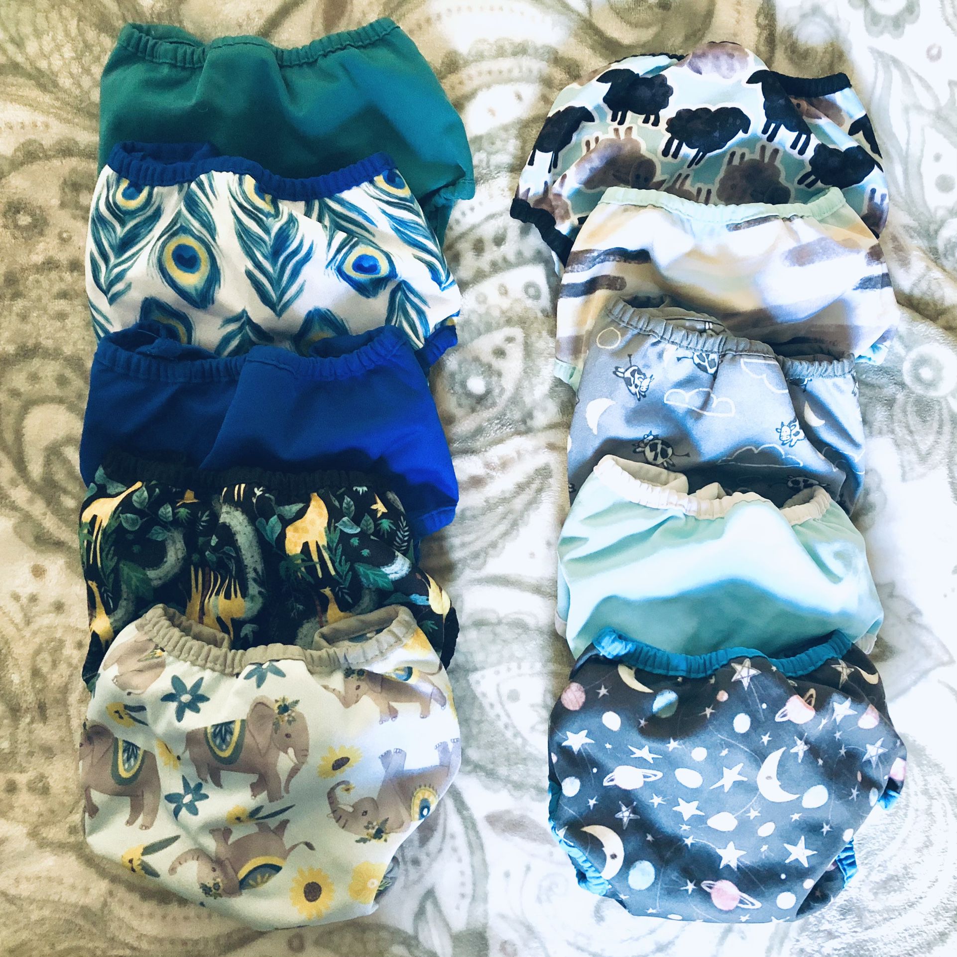 Cloth Diaper Set: 10 Unisex Diaper Covers, 24 Bamboo Liners, 24 Absorbency Pads
