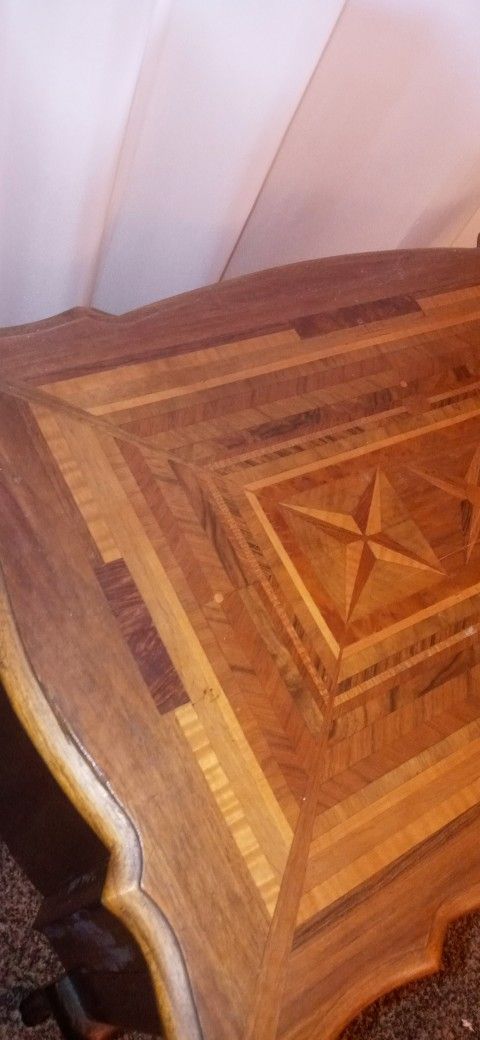 Signed Antique Inlaid Wood Sewing Table 3 Drawer desk With Key - Hollywood Actor Furniture