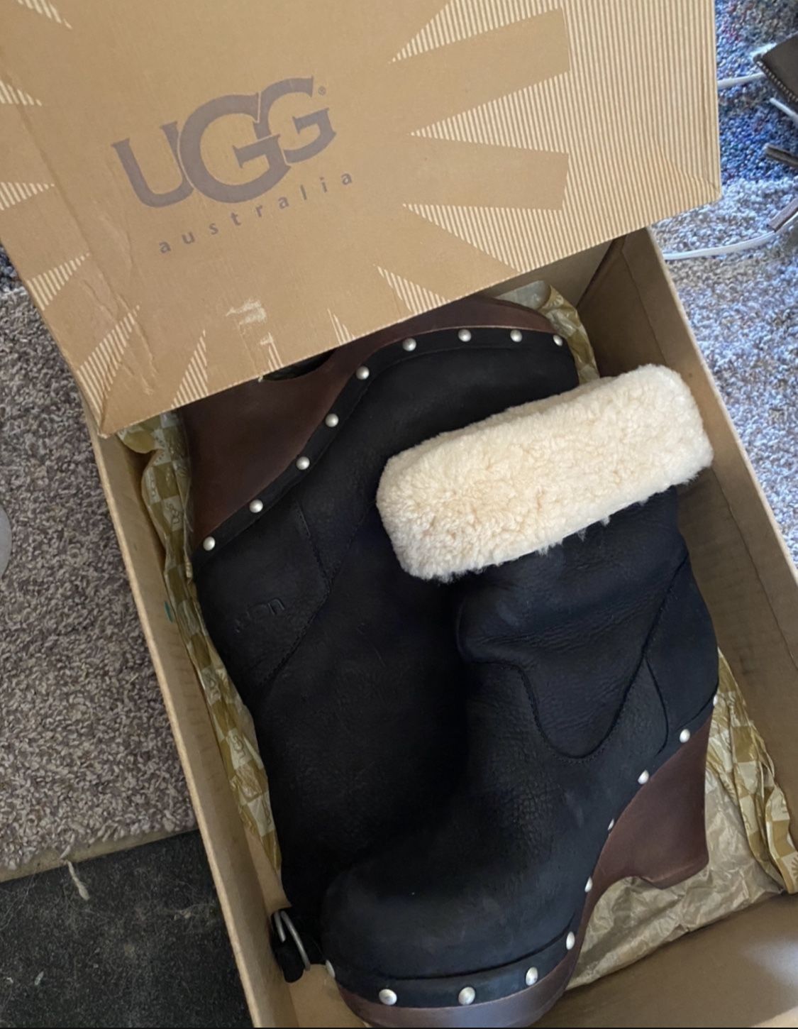 Ugg Carnagie Wedge Boots Black Womens Leather Sheepskin with Studs