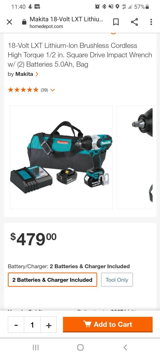 Makita 18-Volt LXT Lithium-Ion Brushless Cordless High Torque 1/2 in. Square Drive Impact Wrench w/ (1) Battery And Charger.