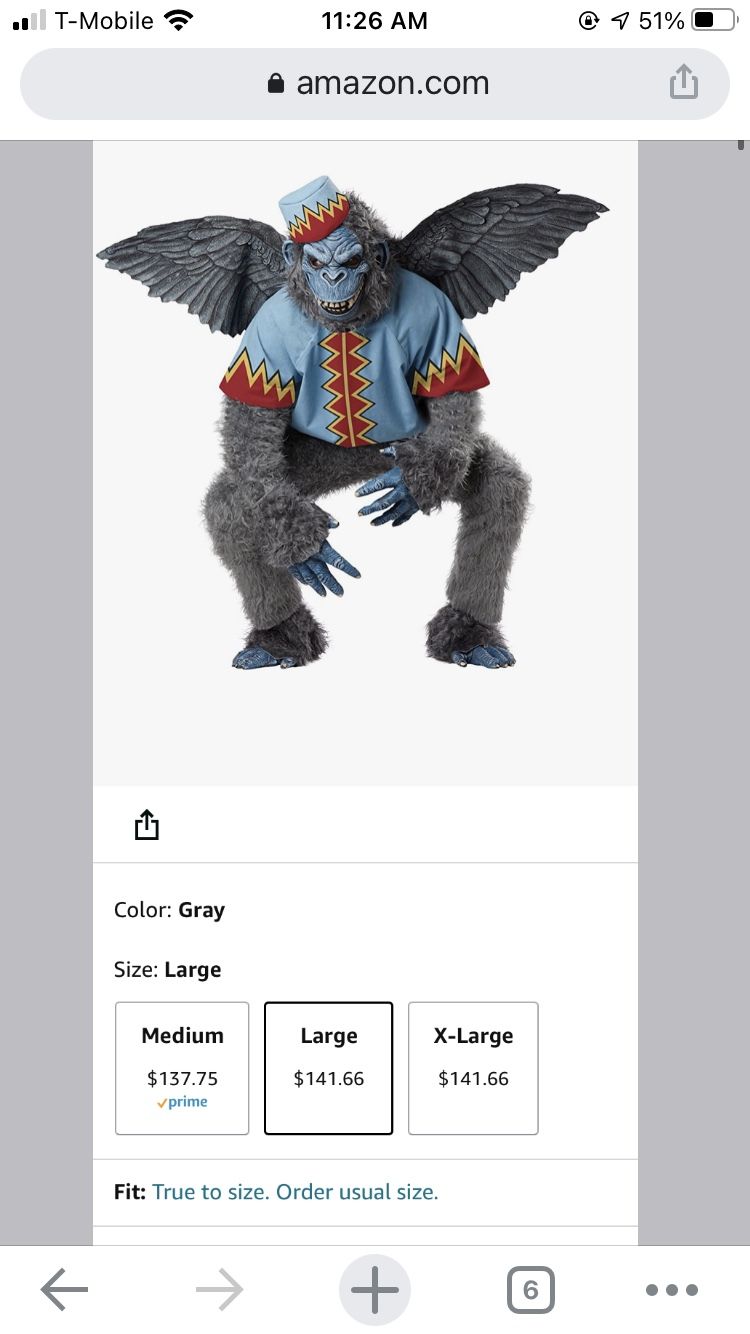 Flying monkey costume Full Body Adult Large