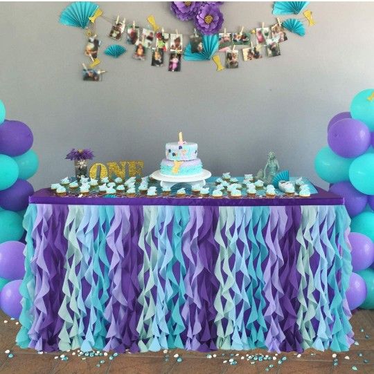 Mermaid Curly Willow Table Skirting for Baby Shower Purple 9ftTaffeta Table Skirt Tutu Tulle Table Skirt for Round or Rectangle Table