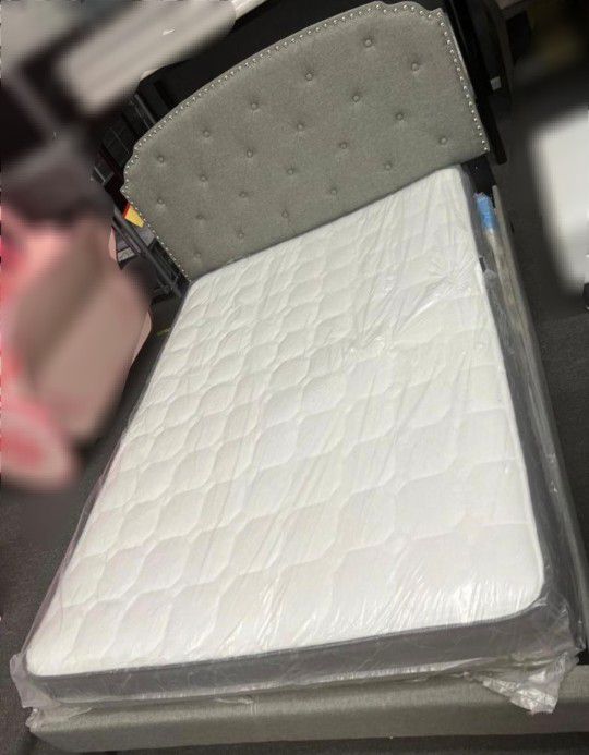 Brand New Queen Size Grey Linen Upholstered Platform Bed Frame +Mattress 