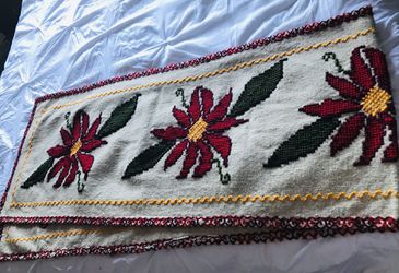 Hand made table runner/bed accent/tv console woven on wooden loom poinsettia embroidered pure wool. Thumbnail