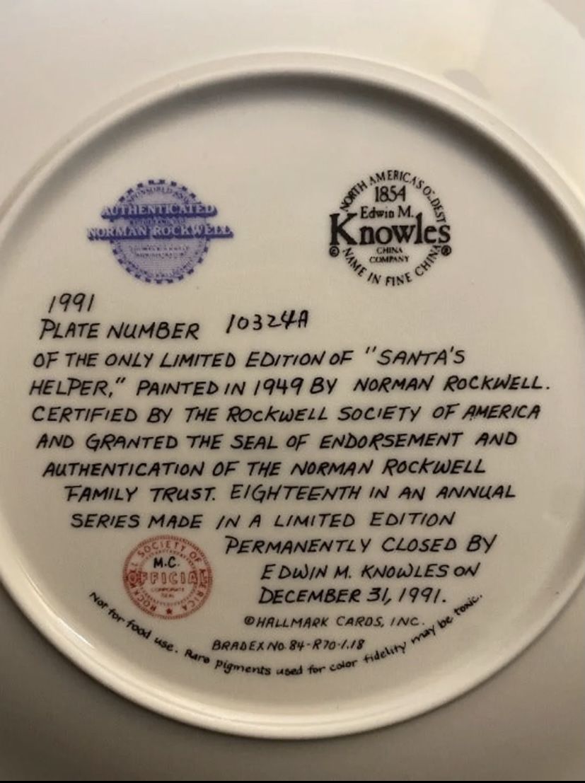 1991 Santa's Helper Norman Rockwell Plate