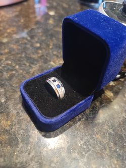 White Gold With Diamonds And Blue Sapphire Wedding Ring For Men Thumbnail