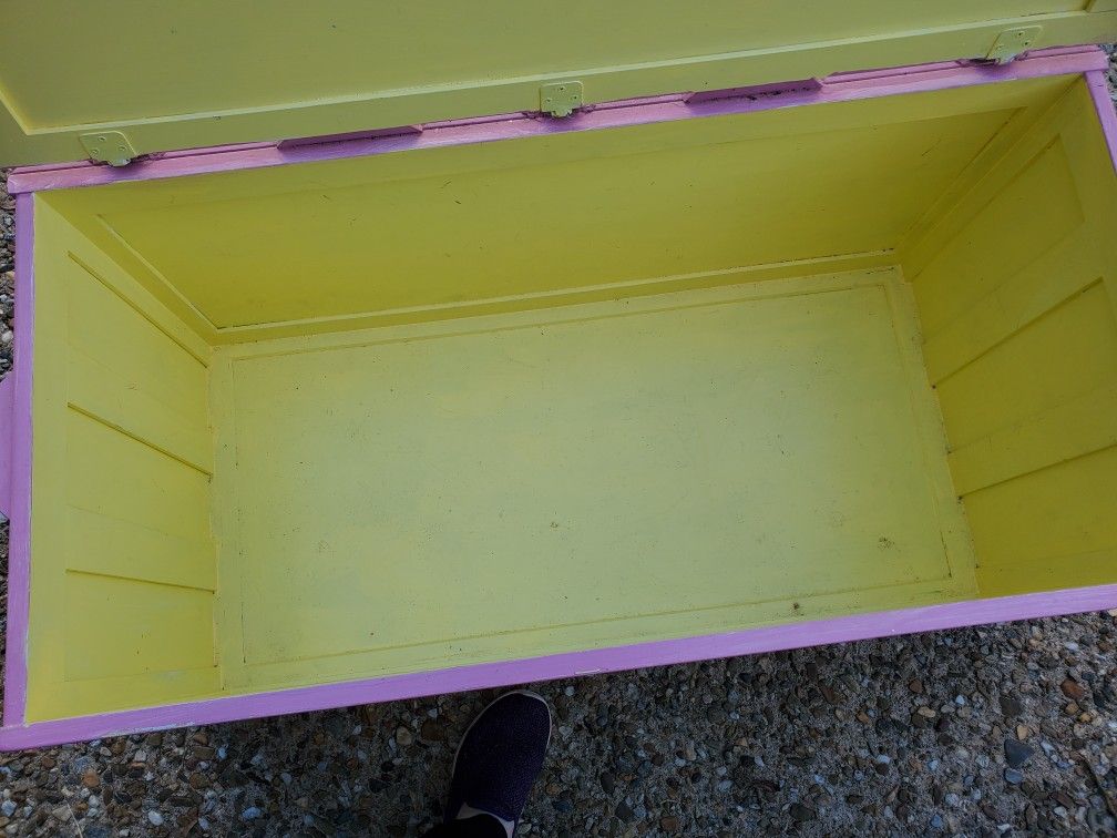 Pink And Yellow Toy Box With Hand Painted Flowers