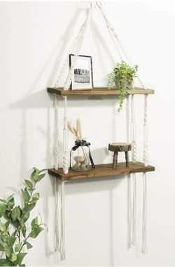 2 Tier Wood Wall Shelves with Handmade Woven Hanger Thumbnail