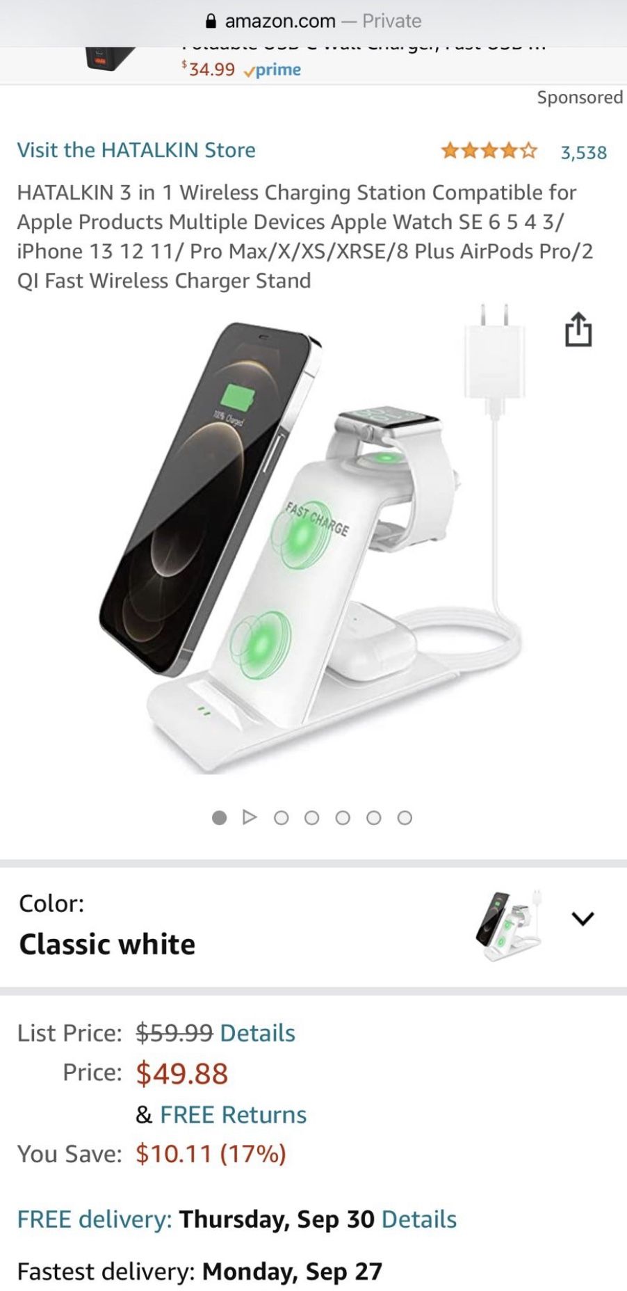 3 in 1 Wireless Charging Station Compatible for Apple Products Multiple Devices Apple Watch SE 6 5 4 3/ iPhone 13 12 11/ Pro Max/X/XS Plus AirPods Pro