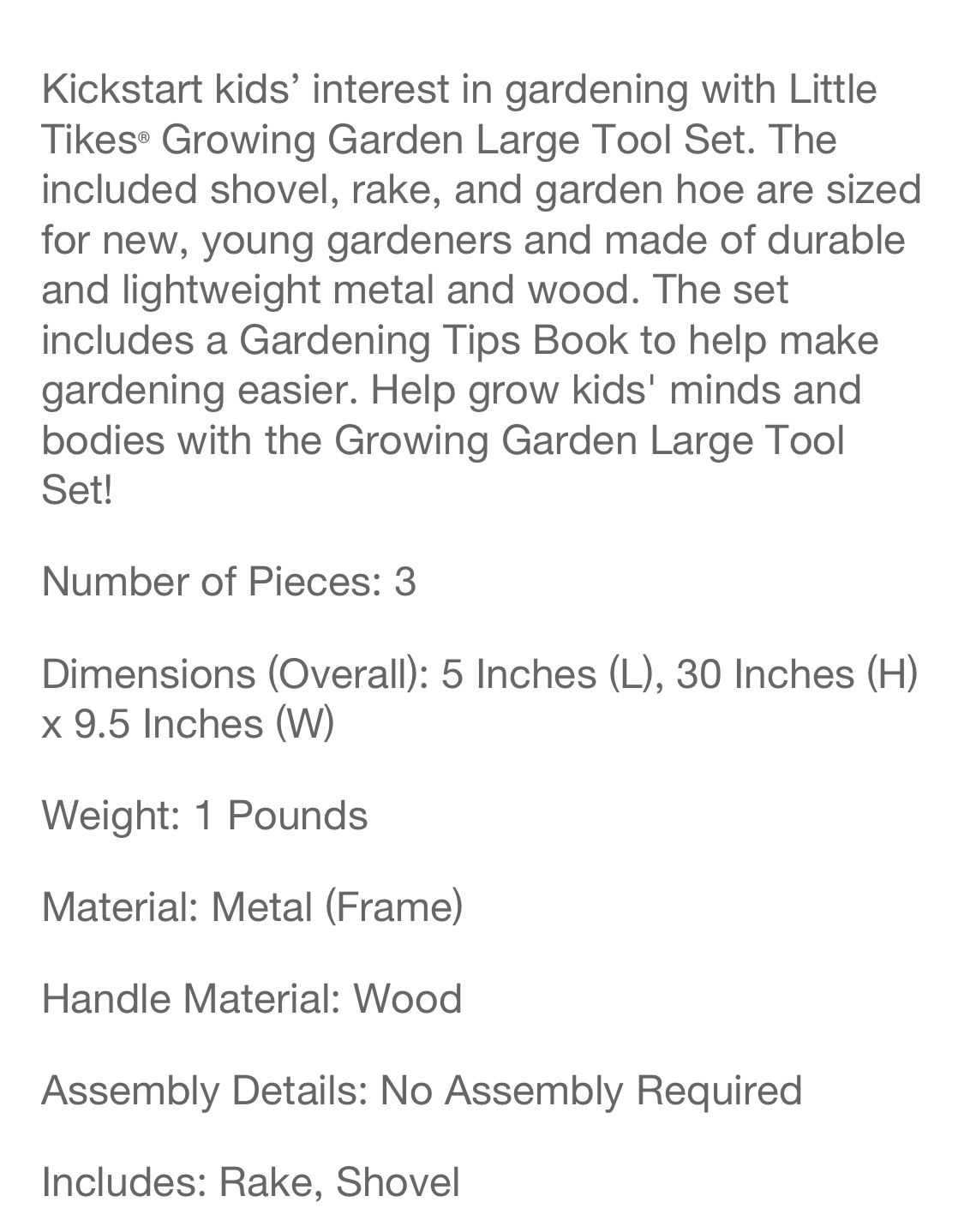 Little Tikes  Growing Garden  Large Tool Set Lightweight & Durable Metal Shovel, Rake, Garden Hoe