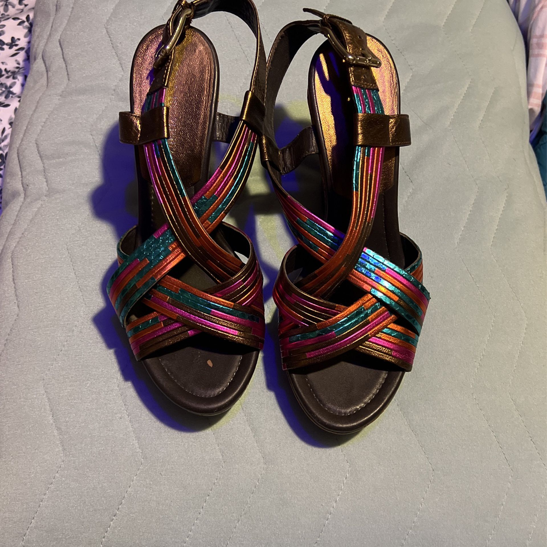 Donald Pliner Rainbow Iridescent  Turquoise pink orange bronze brown silver copper wedge dressy or casual strappy ankle closure Buckle Open toe