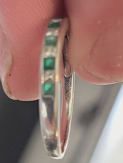 Solid 18kt White Gold Real Emerald And Diamond Engagement Band  Thumbnail