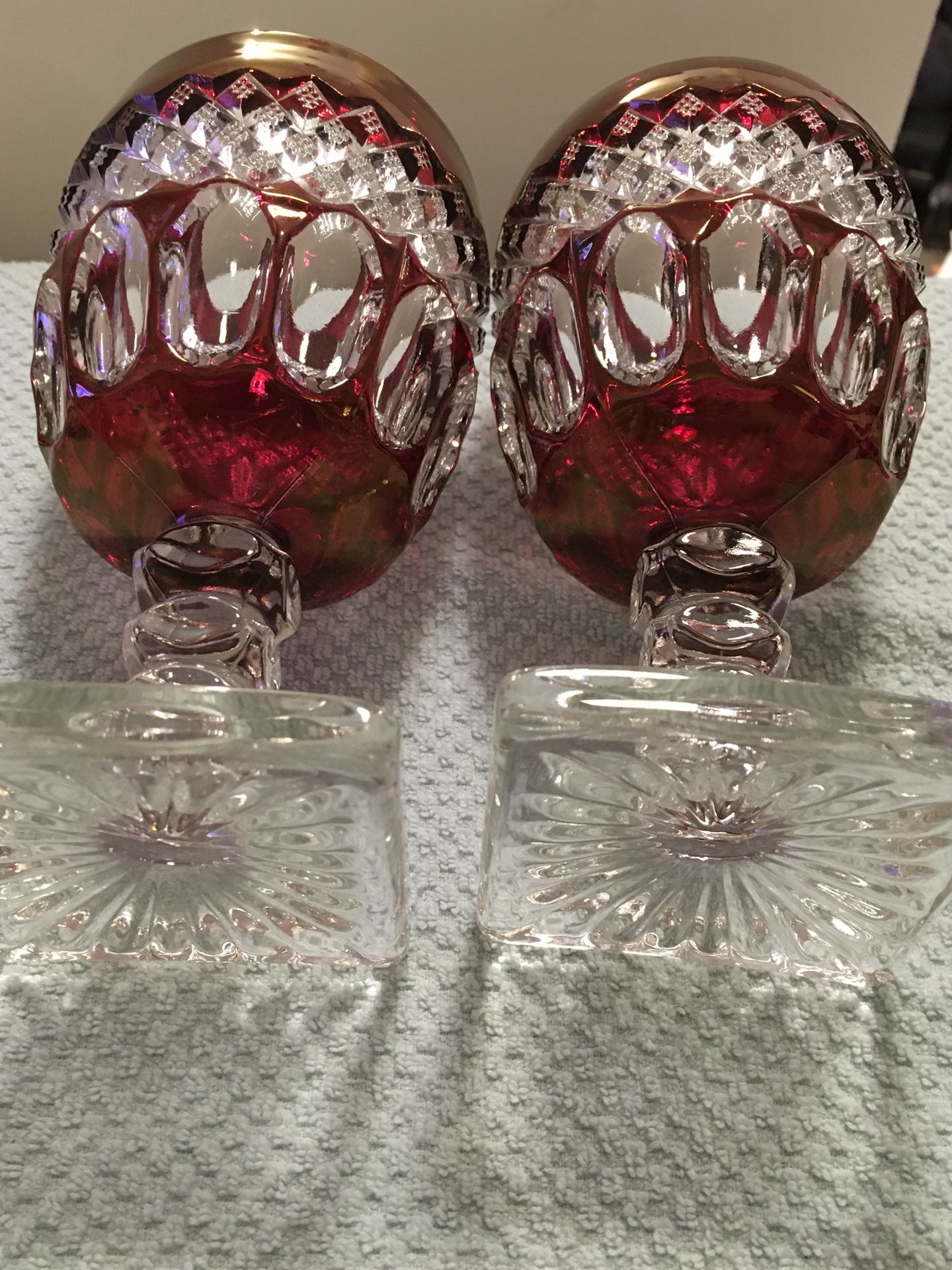 (2)  WESTMORELAND  ‘WATERFORD”  6  5/8” GOBLETS   CRANBERRY TO CLEAR ELEGANT GLASSWARE	