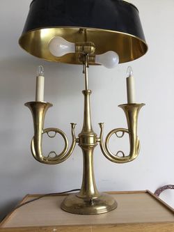 Bugle Lamp & Pair Of Brass Bugle Candlesticks Stately Traditional Decor Vintage  Thumbnail