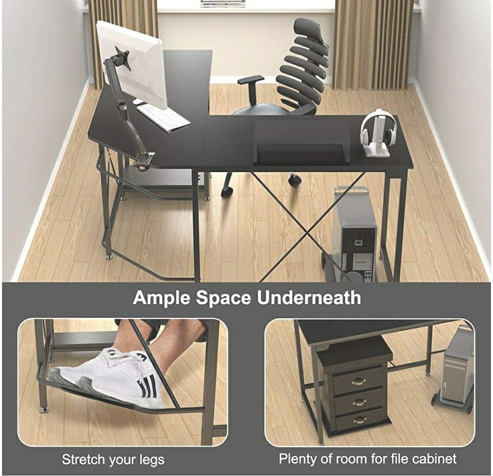 Sleek L Shaped Desk w/ Shelves (54.3’’) Computer Corner Desk Wood Metal Gaming Desk Table Home Office Workstation