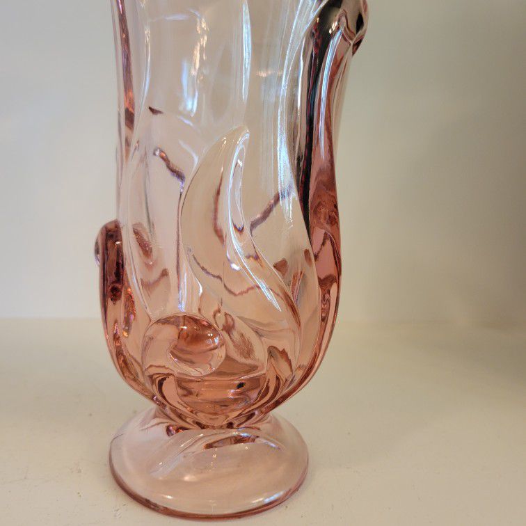 Pink Pedestal Vase - Flowing Leaves or Ferns - Pink Color - 8 1/4" Tall 