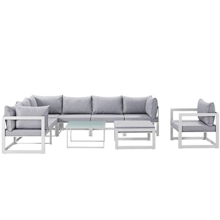 Fortuna 9 Piece Outdoor Patio Sectional Sofa Set, White Gray