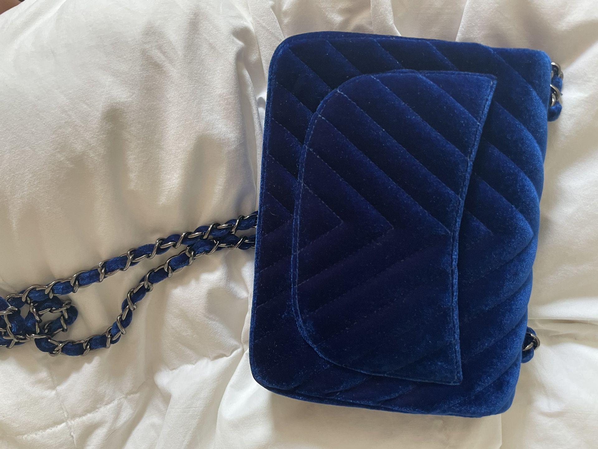 Authentic Chanel Velvet Small Bag Blue 