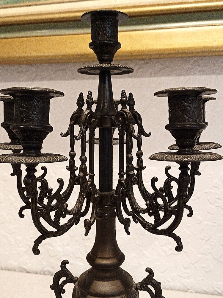 Vintage Metal Candelabra With Candle Stopper Gothic Style Six Candles Centerpiece, Victorian Wedding, Medieval Home