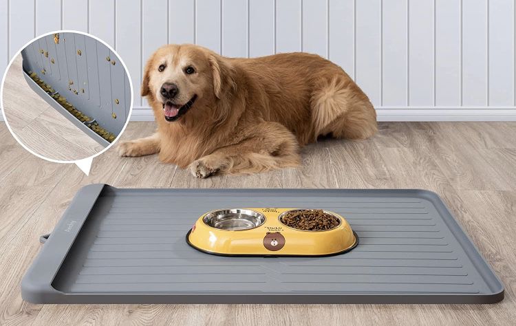 Dog Mat for Food and Water, 36”x24” Silicone Dog Food Mat with a Pocket for Collect Residue, Non Slip Dog Bowl Mat Anti-bite Pet Food Mats Waterproof 