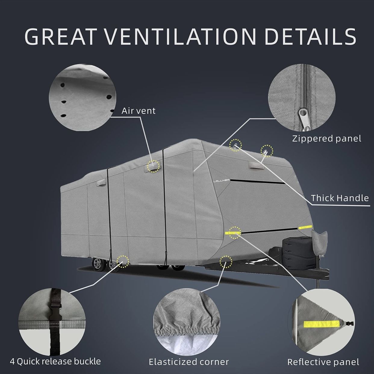 Lallker Travel Trailer RV Cover - Upgraded Heavy Duty 6 Layers Top Windproof Waterproof Sun Protection Camper RV Cover for 18'1" - 20' RV with 4 Tire