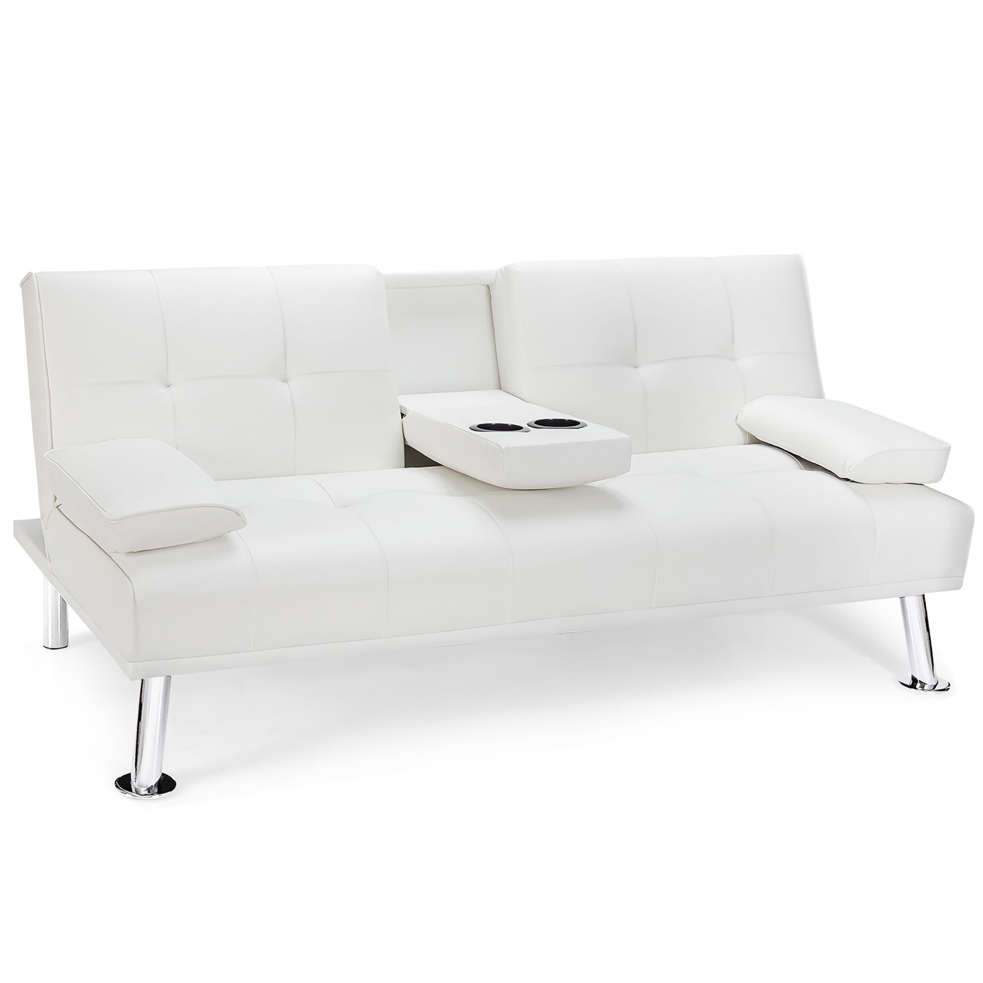 Costway Convertible Folding Futon Sofa Bed Leather w/Cup Holders&Armrests White