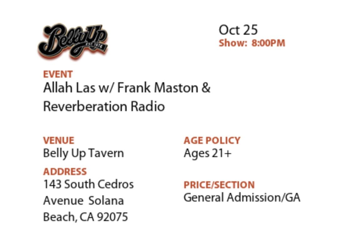 2 Tickets To Allah Las At The Belly Up In Solana Beach w/ Frank Maston & Reverberation Radio