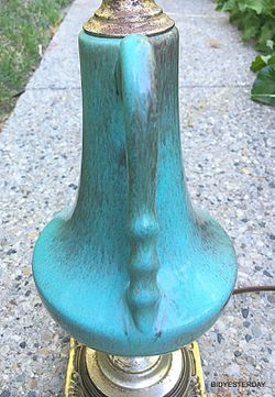 Antique turquoise green drip glaze art pottery lamp gondor ? Thumbnail