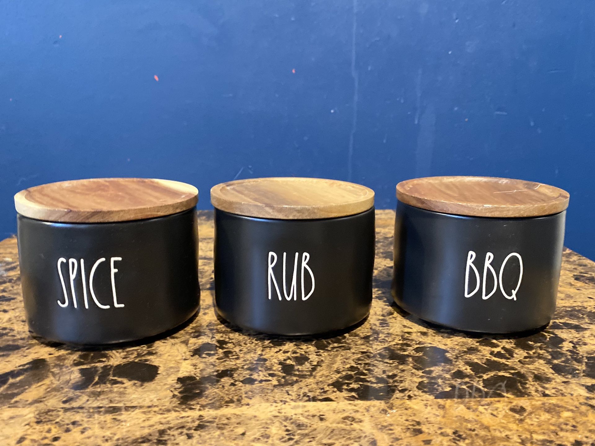 Rae Dunn Ceramic Spice Jar set with wood tops