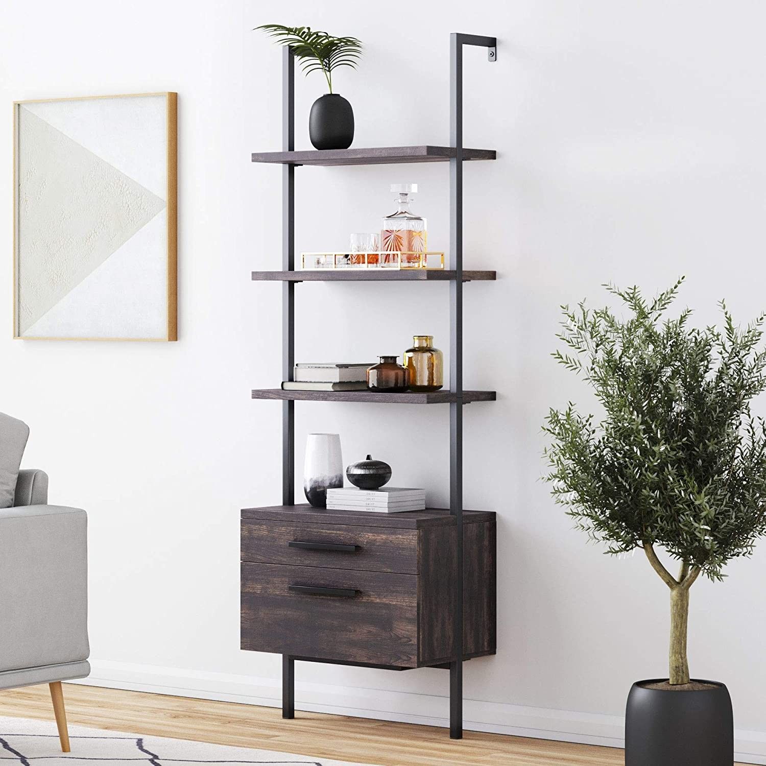 Matte Steel Frame Industrial Bookshelf with Wood Drawers, 3-Shelf, Nutmeg/Black