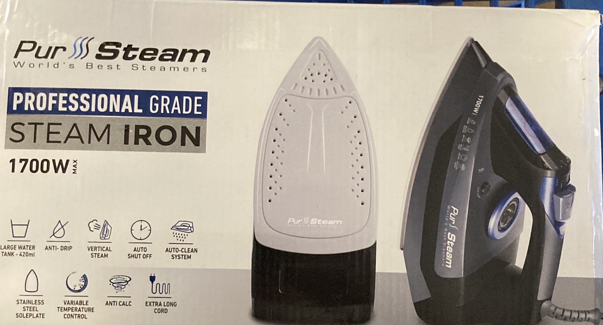 Professional Grade 1700W Steam Iron for Clothes with Rapid Even Heat Scratch Resistant Stainless Steel Sole Plate, True Position Axial Aligned Steam H